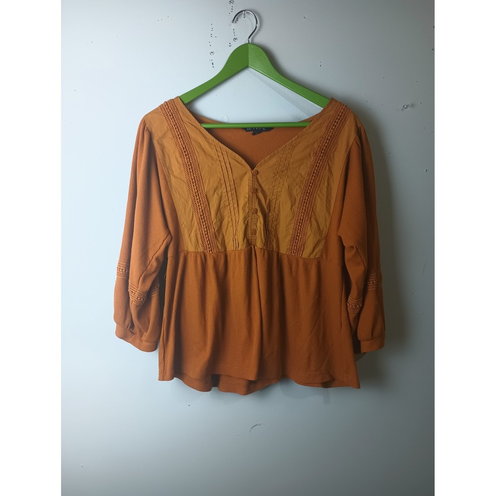 Zac & Rachel Waffle Knit Babydoll Top Burnt Orange Crochet Lace Trim Blouse M